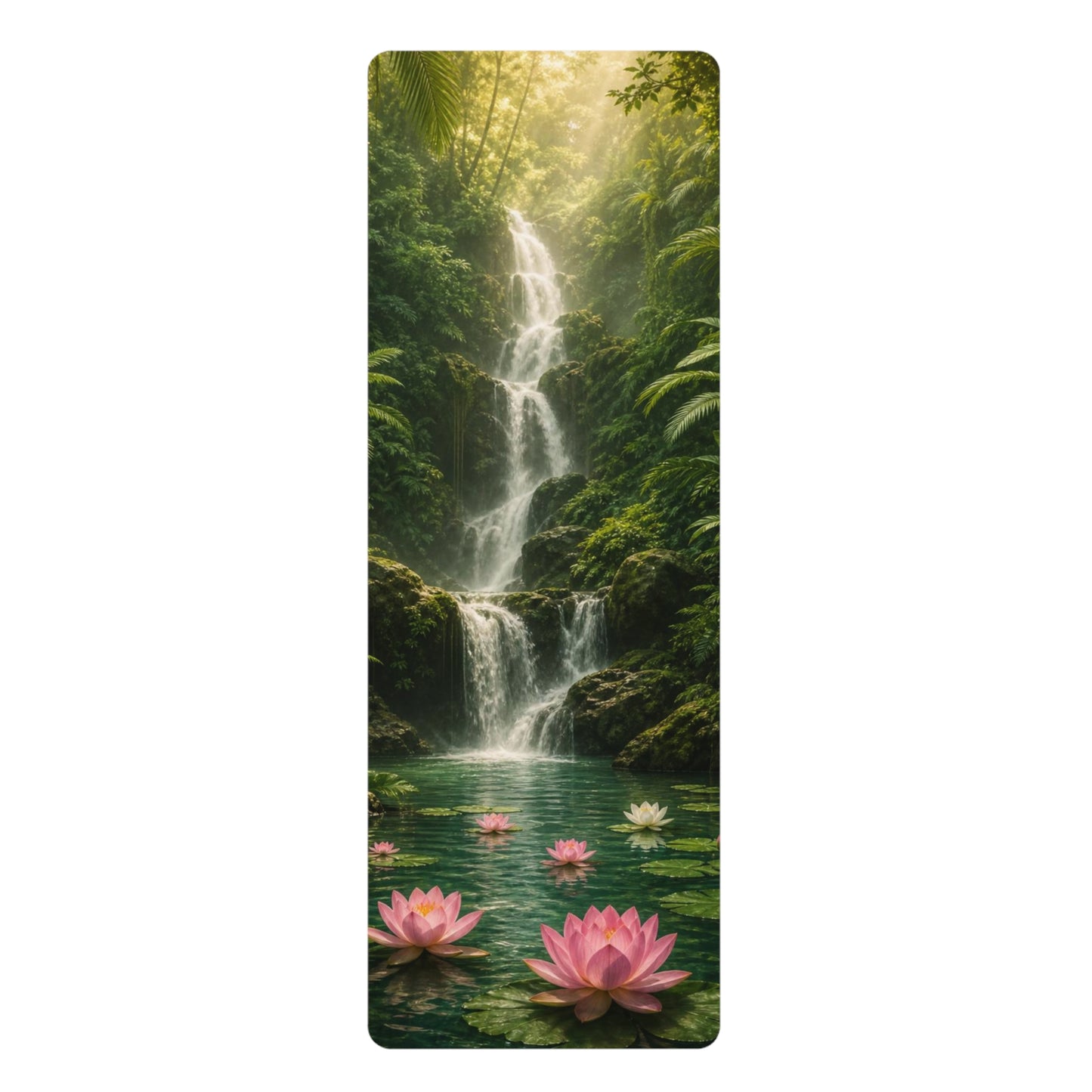 Waterfall Lotus Scene Rubber Yoga Mat | Tropical Serenity, Floral Meditation - Best Yoga Mats for Home Workouts