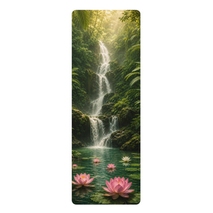 Waterfall Lotus Scene Rubber Yoga Mat | Tropical Serenity, Floral Meditation - Best Yoga Mats for Home Workouts