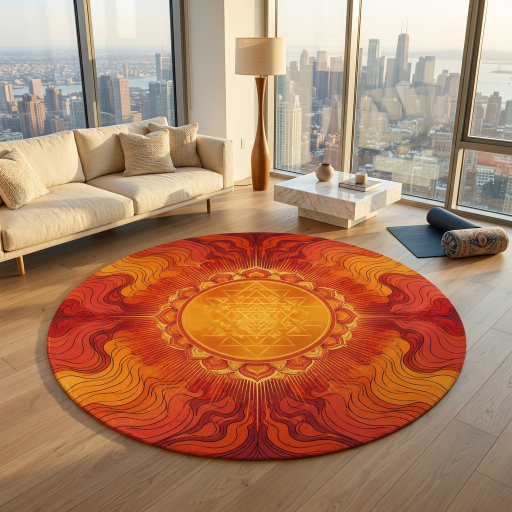 Enchanted Waterfall Fantasy Round Rug | Sacred Geometry Flower of Life Rug 5FT | Golden Ratio Crystal Grid Spiritual Floor Mat Printify