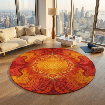 Enchanted Waterfall Fantasy Round Rug | Sacred Geometry Flower of Life Rug 5FT | Golden Ratio Crystal Grid Spiritual Floor Mat Printify