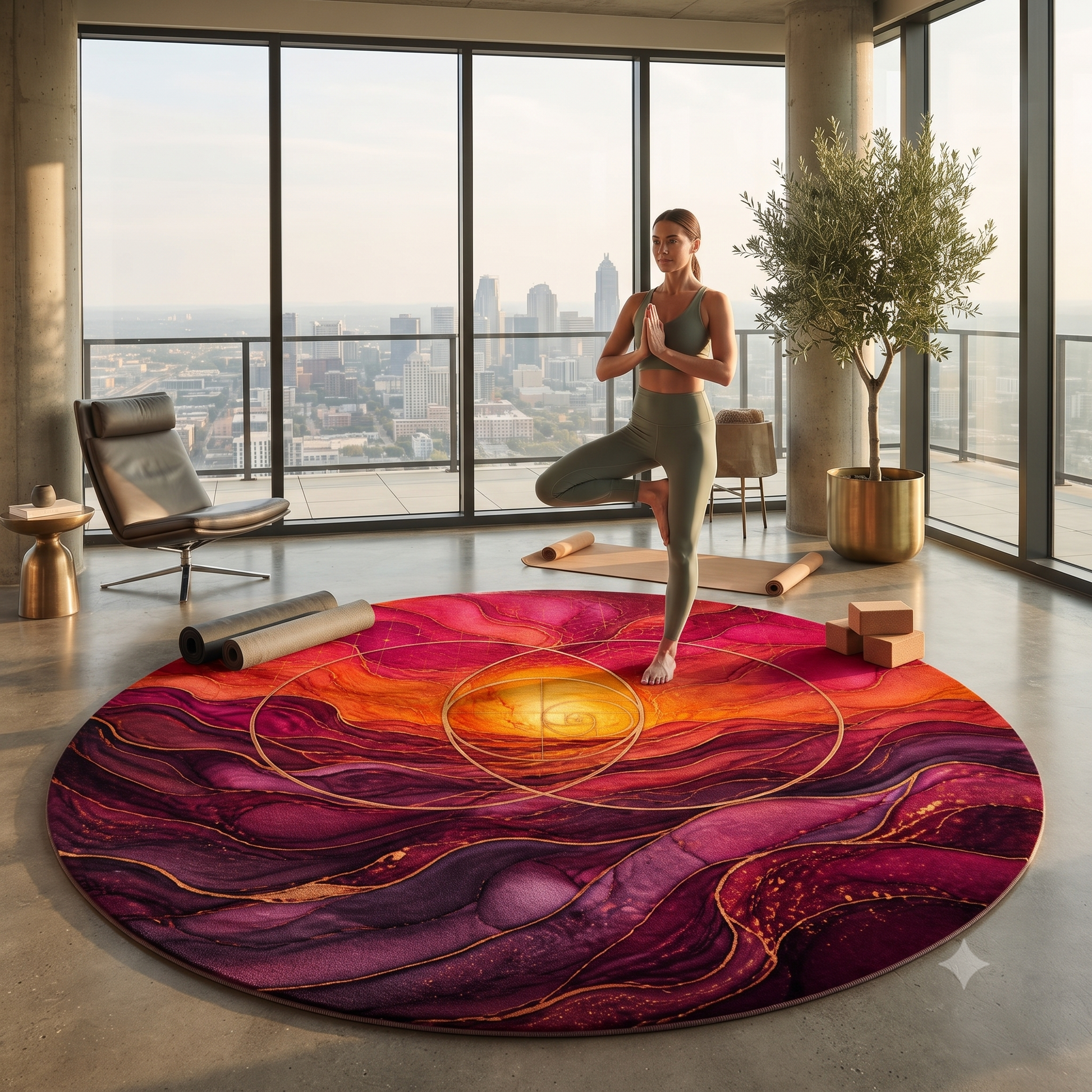 Enchanted Waterfall Fantasy Round Rug | Sunset Sacred Geometry Washable Floor Mat | Boho Mandala Living Room Decor | Non-Slip Printify