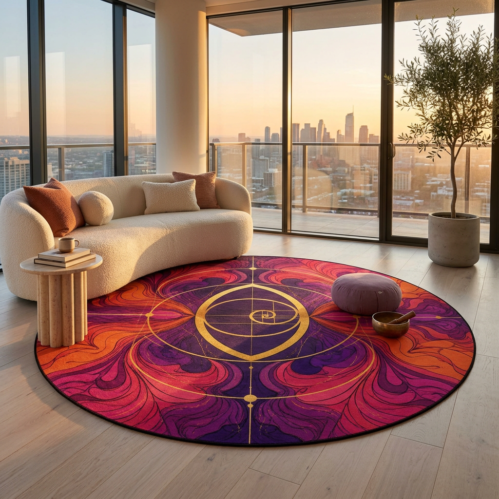 Sacred Geometry Round Rug 5FT | Flower of Life Crystal Grid Spiritual Rug | Enchanted Fantasy Golden Ratio Meditation Floor Mat Printify