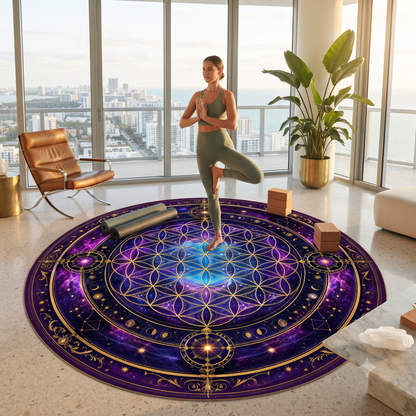 Round Mandala Area Rug, Celestial Boho Floor Mat, Sacred Geometry Home Decor, Meditation Rug, Bedroom Accent, Yoga Studio Decor Printify