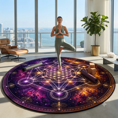 Sacred Geometry Metatron's Cube Round Rug | Cosmic Flower of Life Floor Mat Printify
