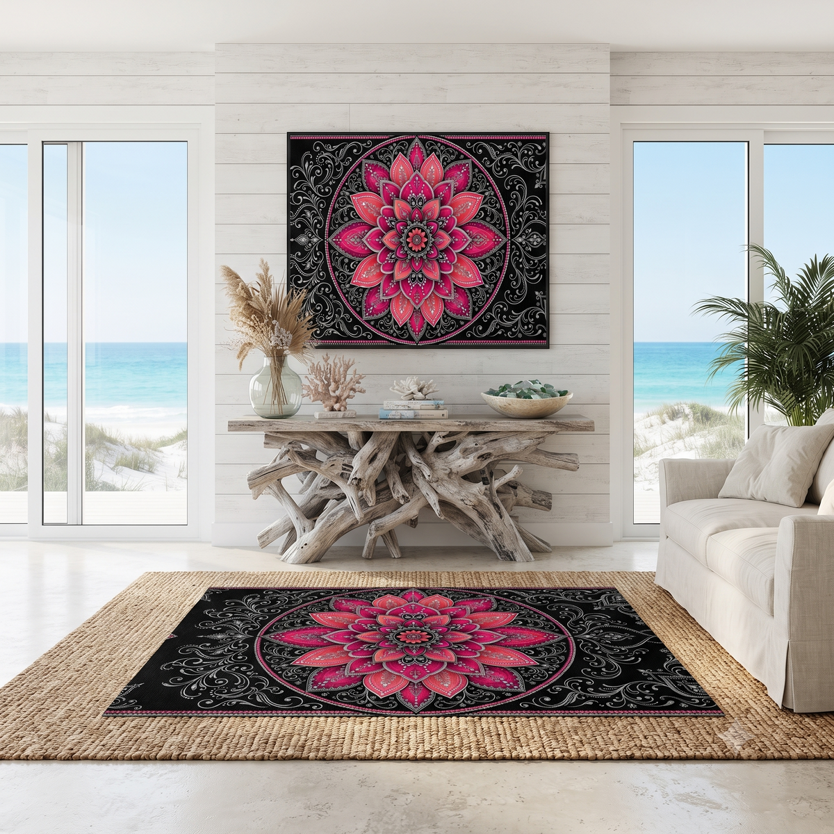 Pink Mandala Washable Rug | Floral Doormat, Boho Floor Mat Printify