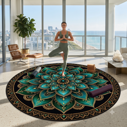 Teal Gold Mandala Round Rug | Boho Floral Floor Décor Printify