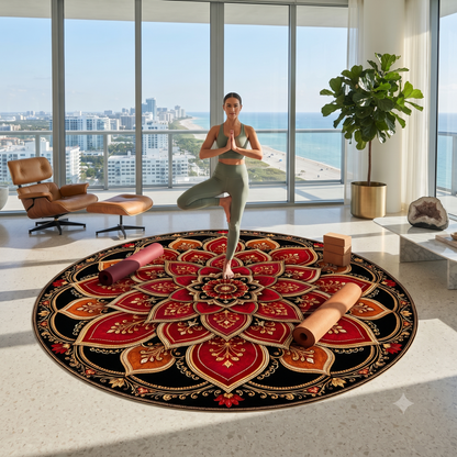 Red Gold Mandala Round Rug | Boho Floor Decor Printify