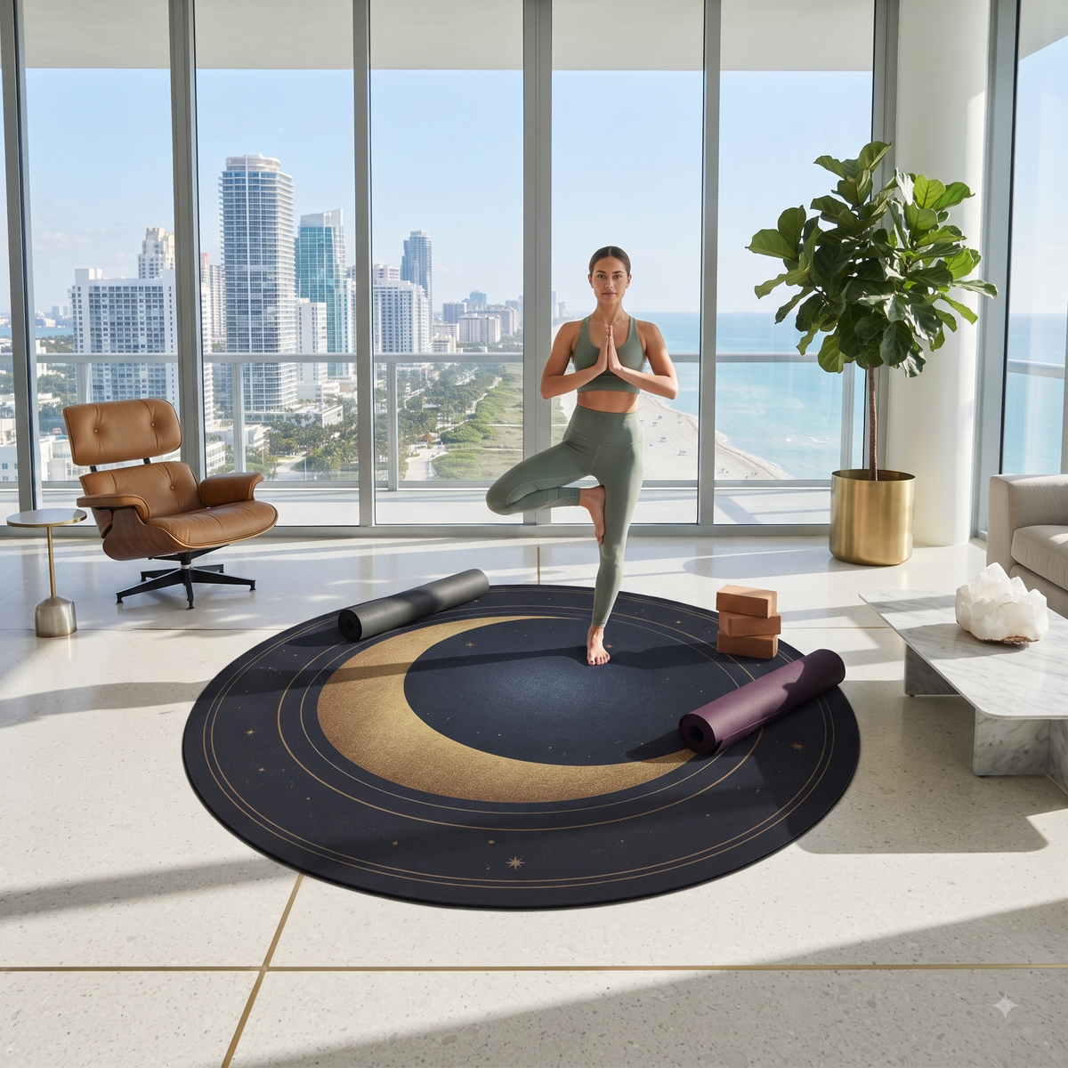 Gold Crescent Moon Round Rug | Celestial Night Sky Floor Mat Printify