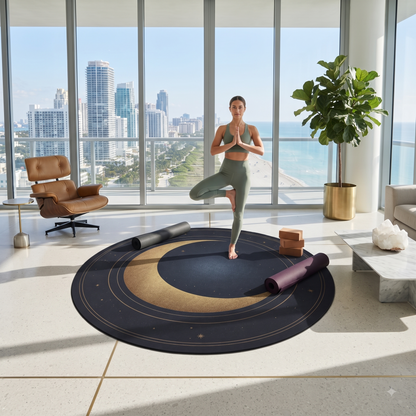 Gold Crescent Moon Round Rug | Celestial Night Sky Floor Mat Printify