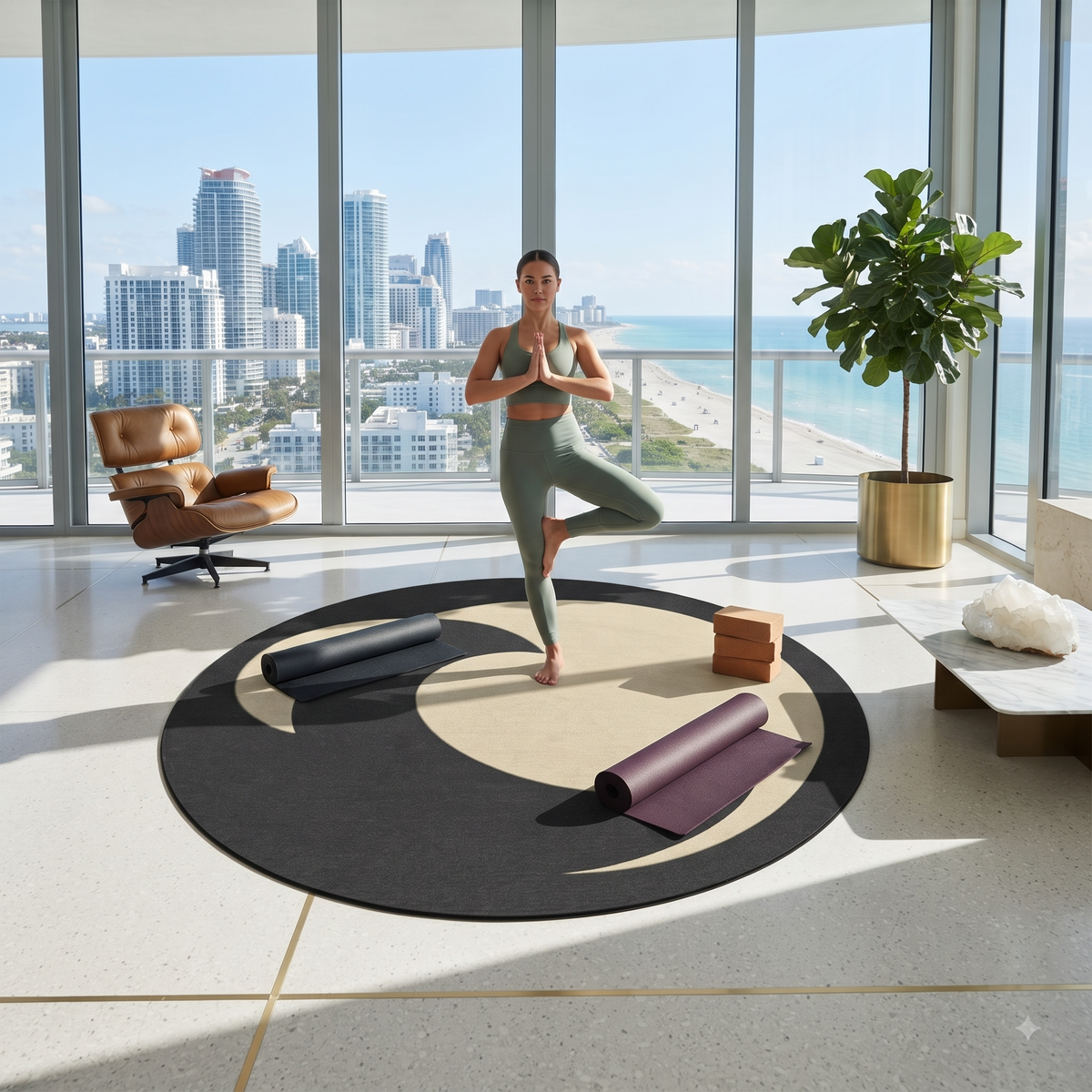Minimalist Wave Round Rug | Black Cream Coastal Area Rug Printify