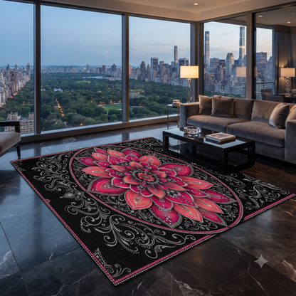 Pink Mandala Floral Washable Rug | Boho Lotus Floor Mat Printify