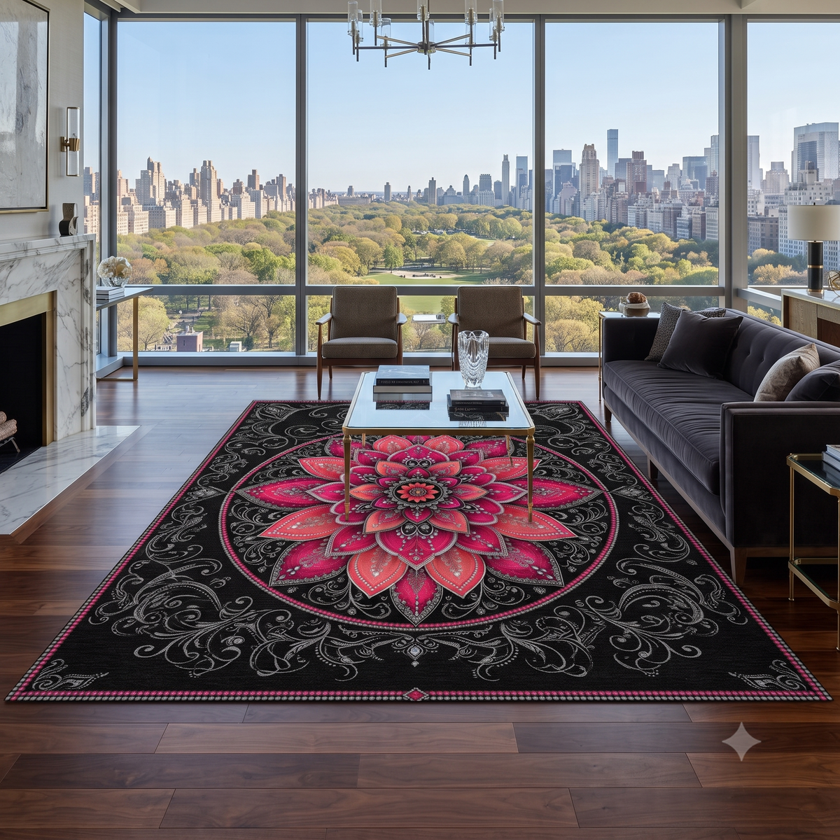 Pink Mandala Floral Washable Rug | Boho Lotus Floor Mat Printify