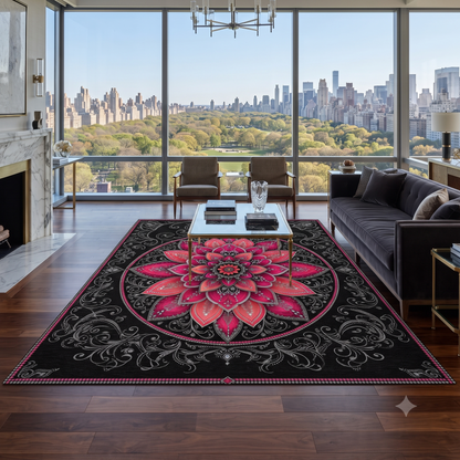 Pink Mandala Floral Washable Rug | Boho Lotus Floor Mat Printify