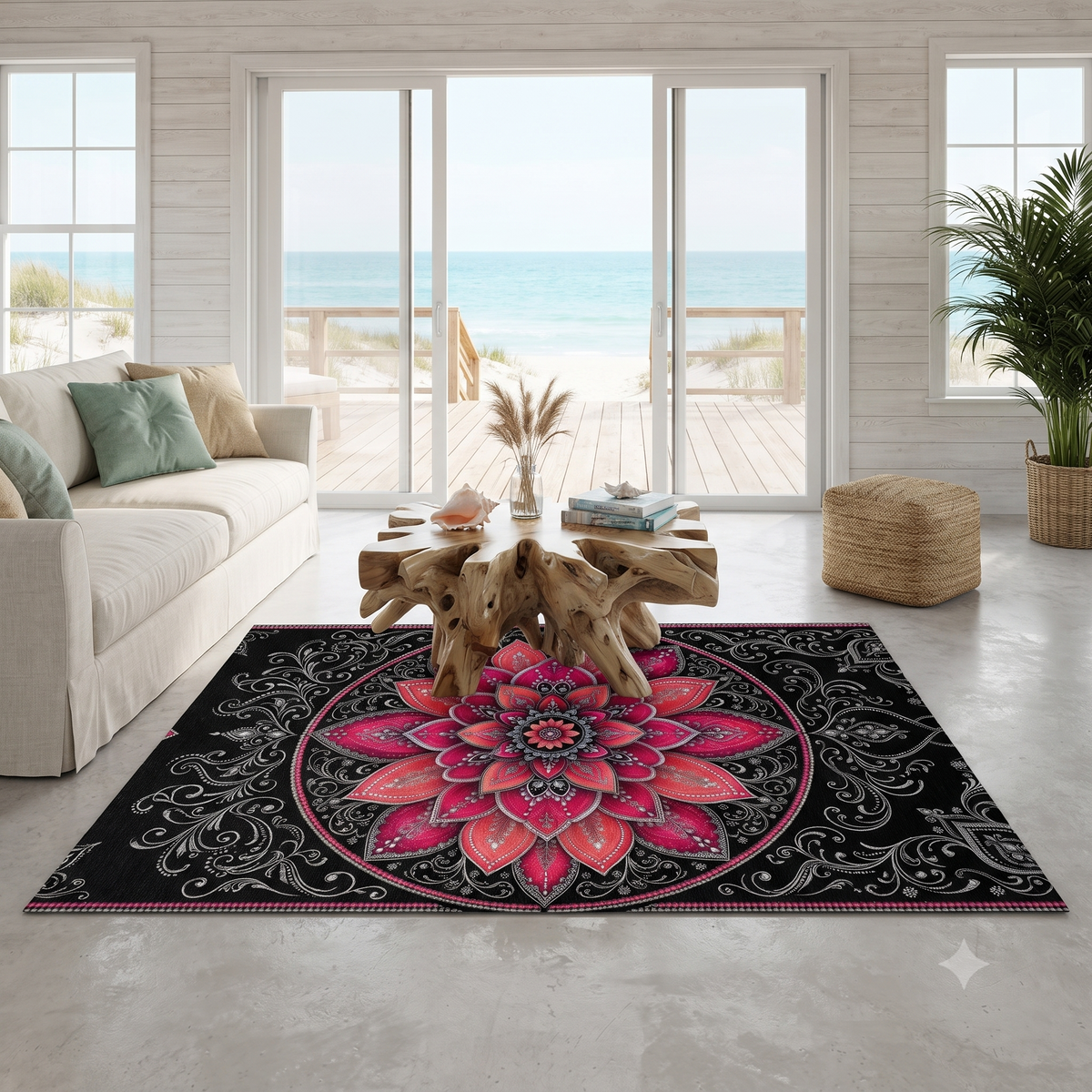 Pink Mandala Floral Washable Rug | Boho Lotus Floor Mat Printify