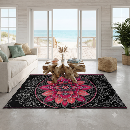 Pink Mandala Floral Washable Rug | Boho Lotus Floor Mat Printify