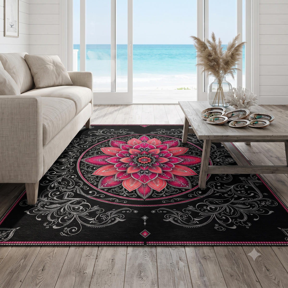 Pink Mandala Floral Washable Rug | Boho Lotus Floor Mat Printify