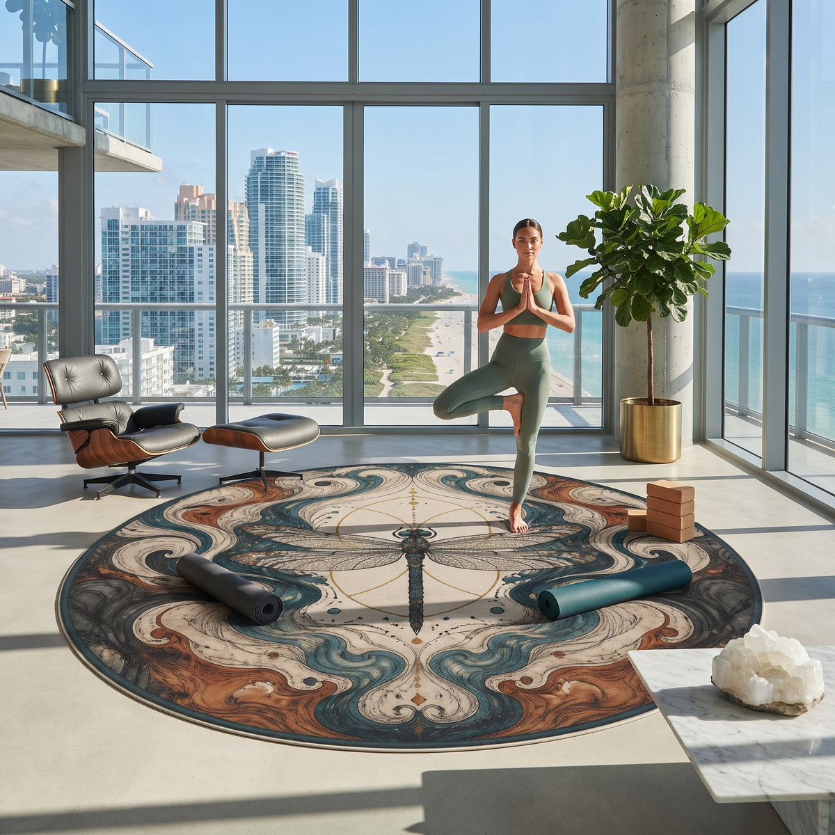 Dragonfly Mandala Round Rug | Boho Nature Medallion Carpet Printify