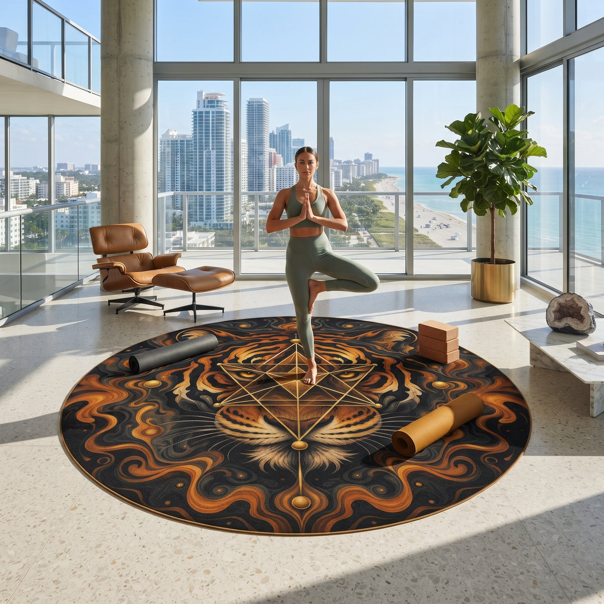 Geometric Tiger Mandala Round Rug | Mystical Animal Boho Décor Printify