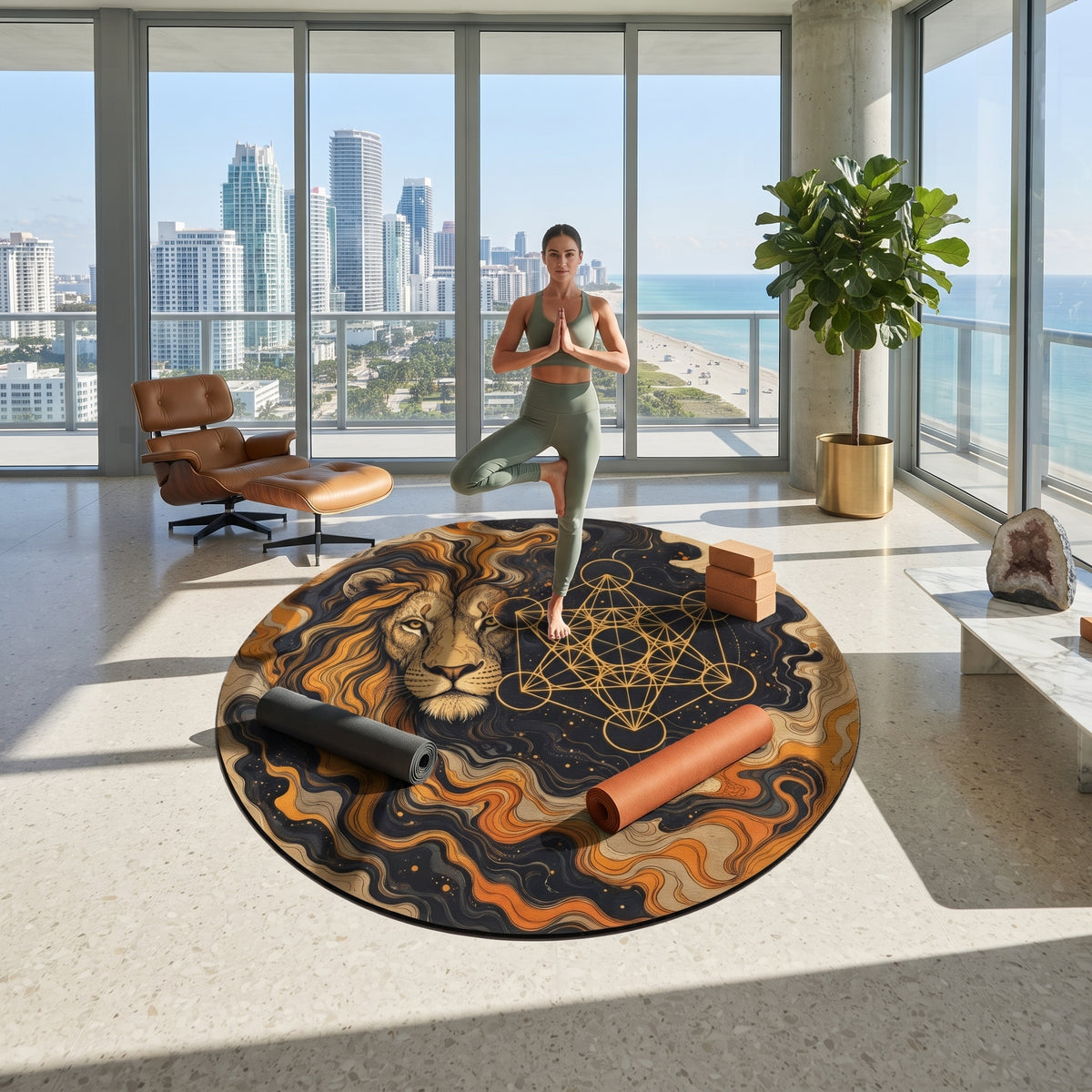 Lion with Sacred Geometry Round Rug | Astrological Boho Home Decor Printify