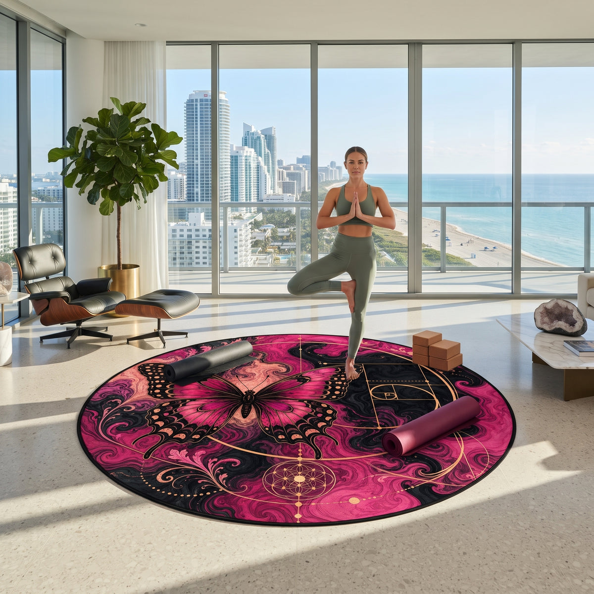 Pink Butterfly Fibonacci Round Rug | Mystic Floral Geometric Accent Printify