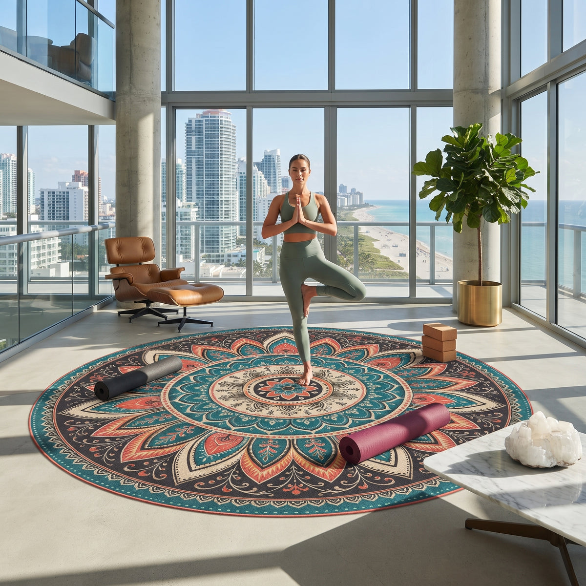 Boho Mandala Round Rug | Teal Coral Floral Medallion Floor Mat Printify