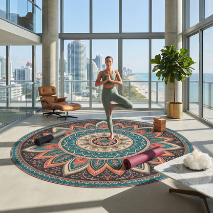 Boho Mandala Round Rug | Teal Coral Floral Medallion Floor Mat Printify