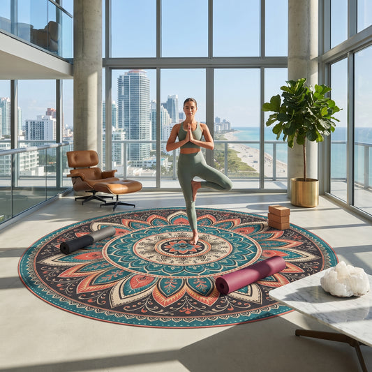 Boho Mandala Round Rug | Teal Coral Floral Medallion Floor Mat Printify