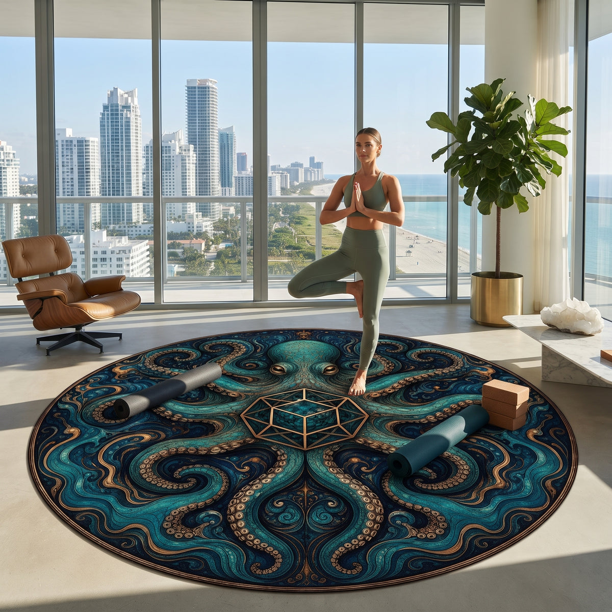 Octopus Mandala Round Rug | Geometric Sea Creature Nautical Decor Printify