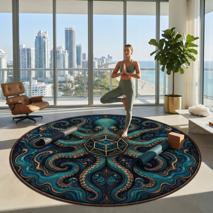 Octopus Mandala Round Rug | Geometric Sea Creature Nautical Decor Printify