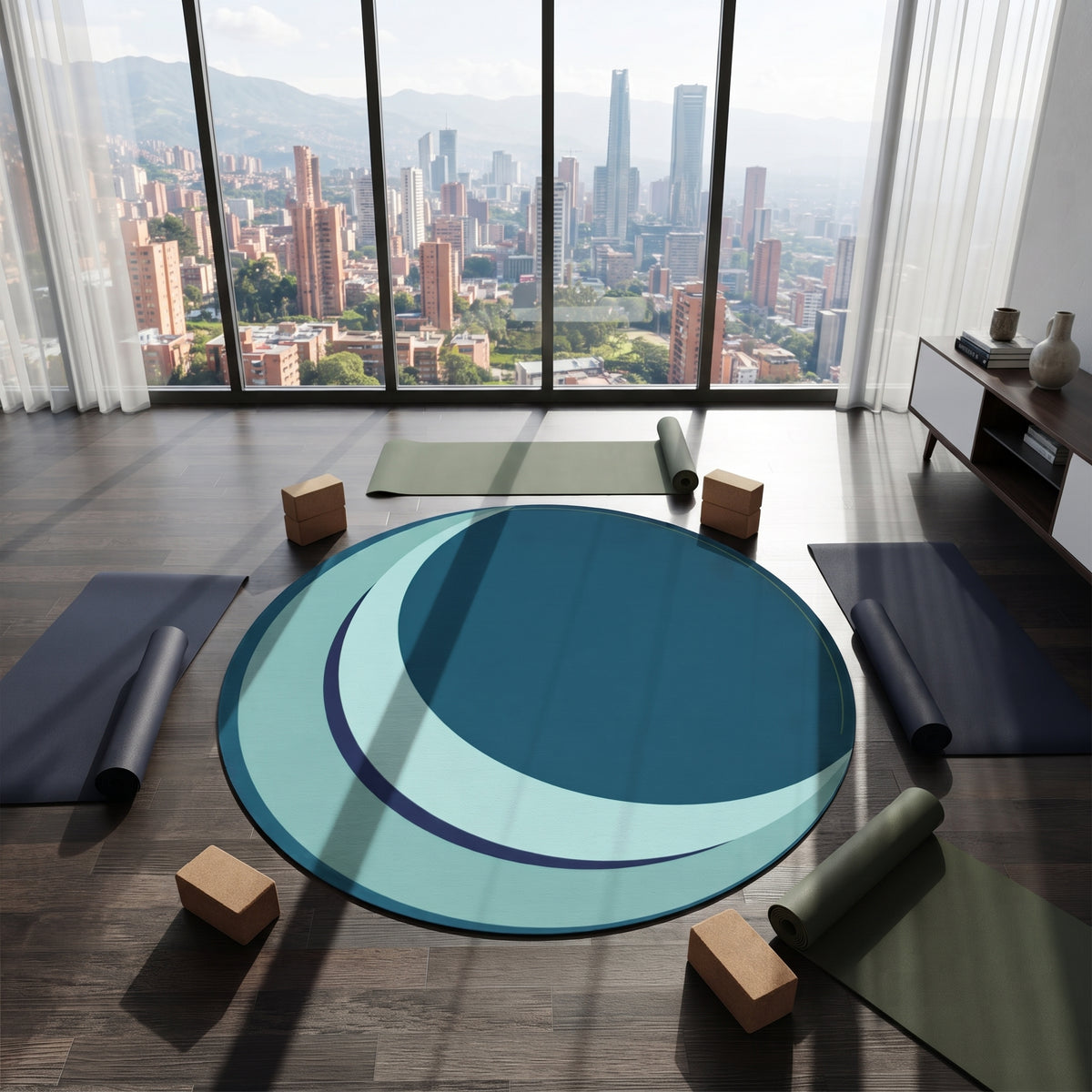Teal Crescent Moon Round Rug | Modern Geometric Nursery Accent Printify