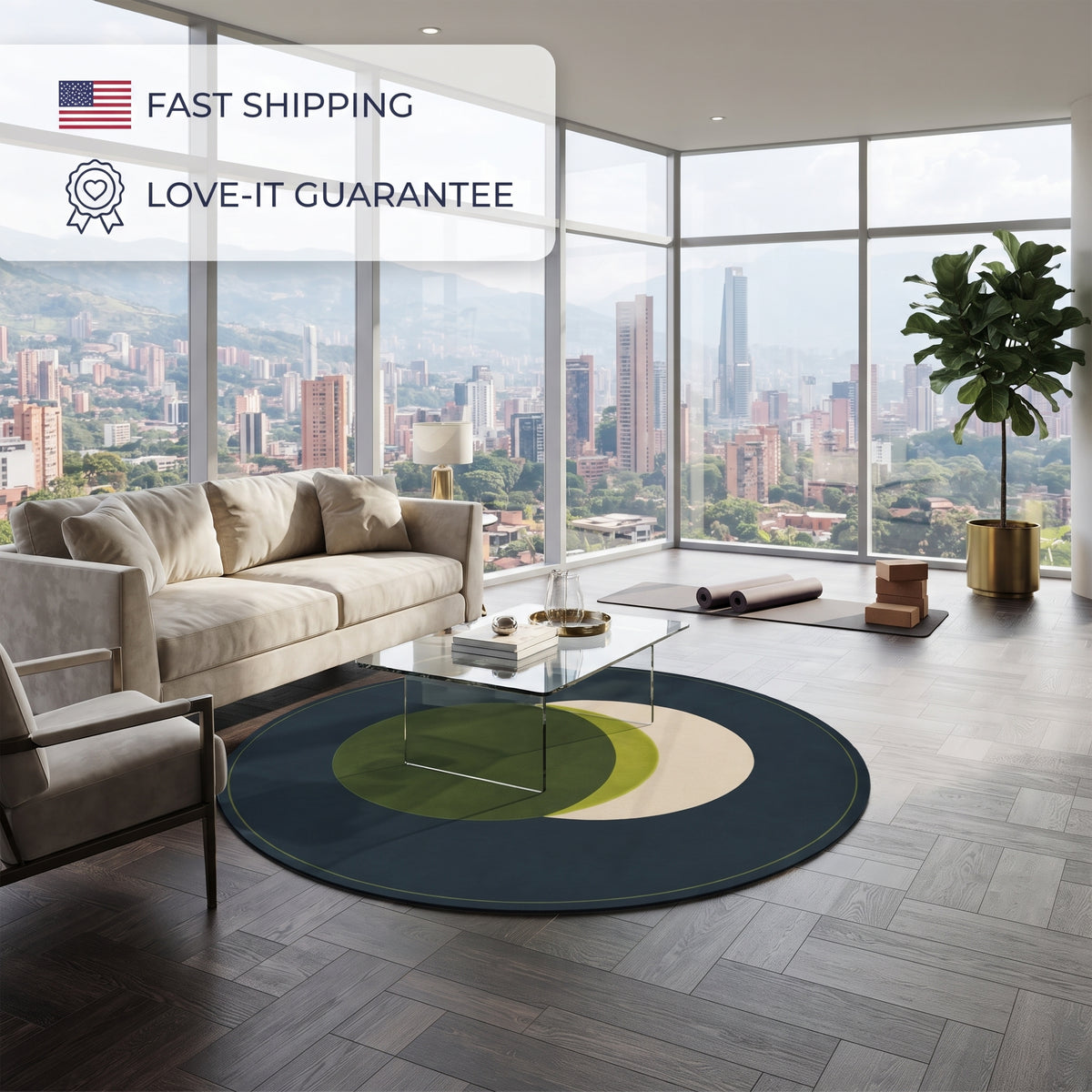 Overlapping Circle Abstract Round Rug | Modern Geometric Floor Mat Printify