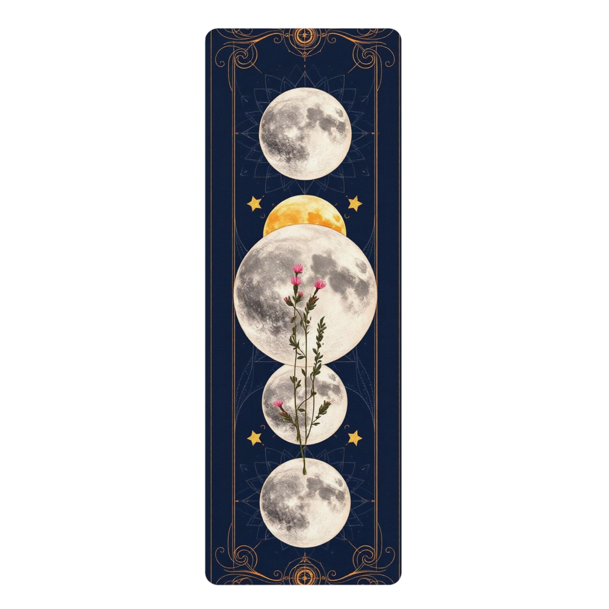 Moon Phase Floral Rubber Yoga Mat | Celestial Mooncycle Design