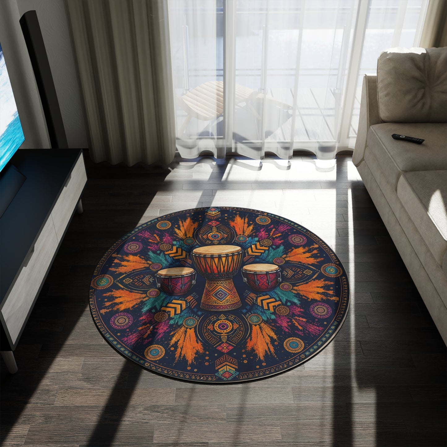Tribal Djembe Drums Round Rug | Boho Mandala Drum Pattern Printify