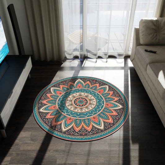 Boho Mandala Round Rug | Teal Coral Floral Medallion Printify