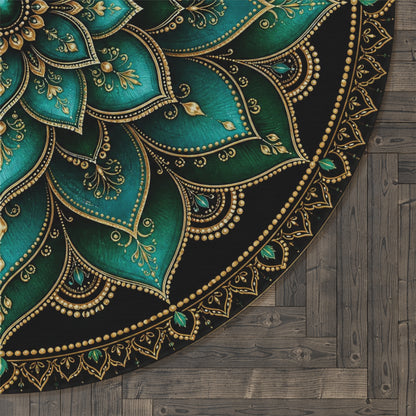 Teal Gold Mandala Round Rug | Boho Floral Floor Décor Printify