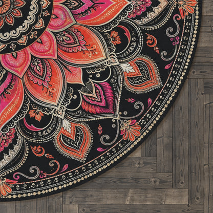 Boho Mandala Round Rug | Floral Medallion Floor Decor, Orange Pink Printify