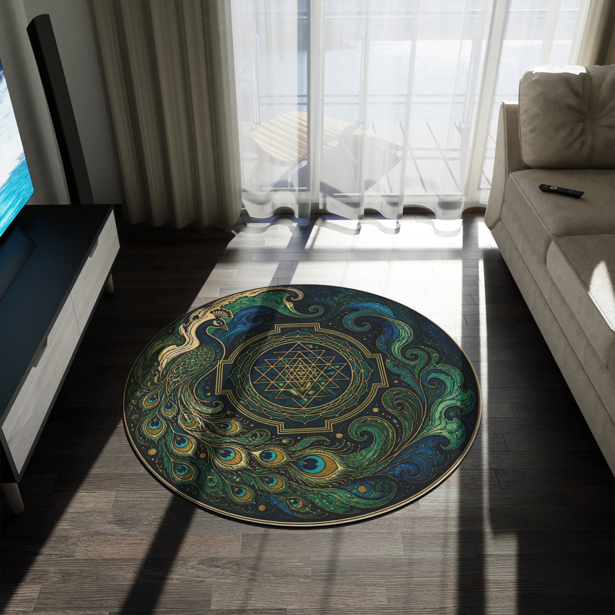 Peacock Mandala Round Rug | Sri Yantra Sacred Geometry Floor Mat Printify