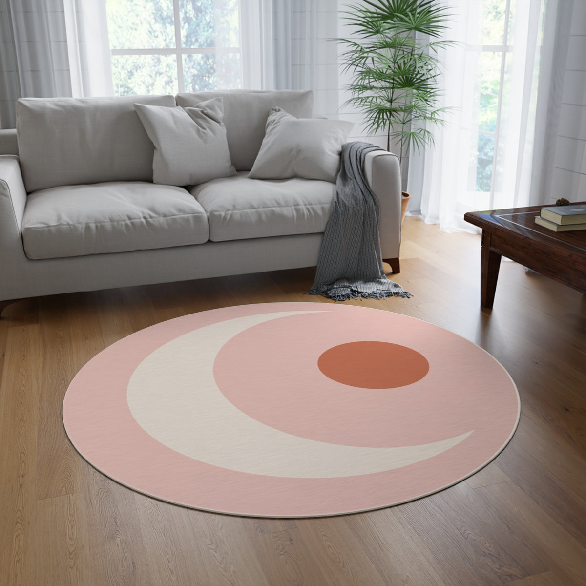 Crescent Moon and Sun Round Rug | Boho Pink Nursery Floor Mat Printify