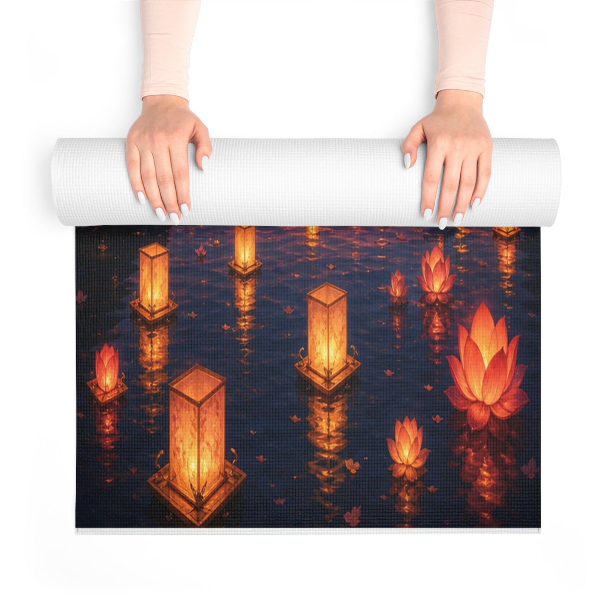 Floating Lanterns Skyline Foam Yoga Mat | Sunset Lantern Festival Scene Printify