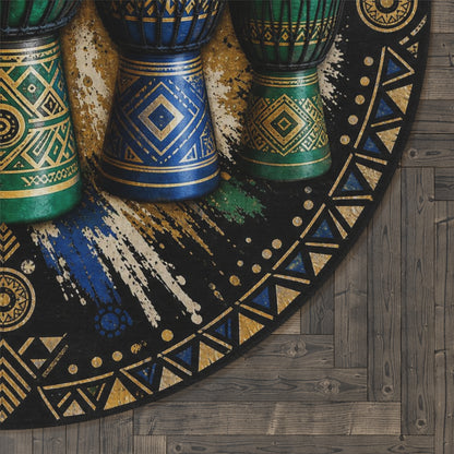 African Djembe Drum Pattern Round Rug | Tribal Percussion Boho Floor Mat Printify