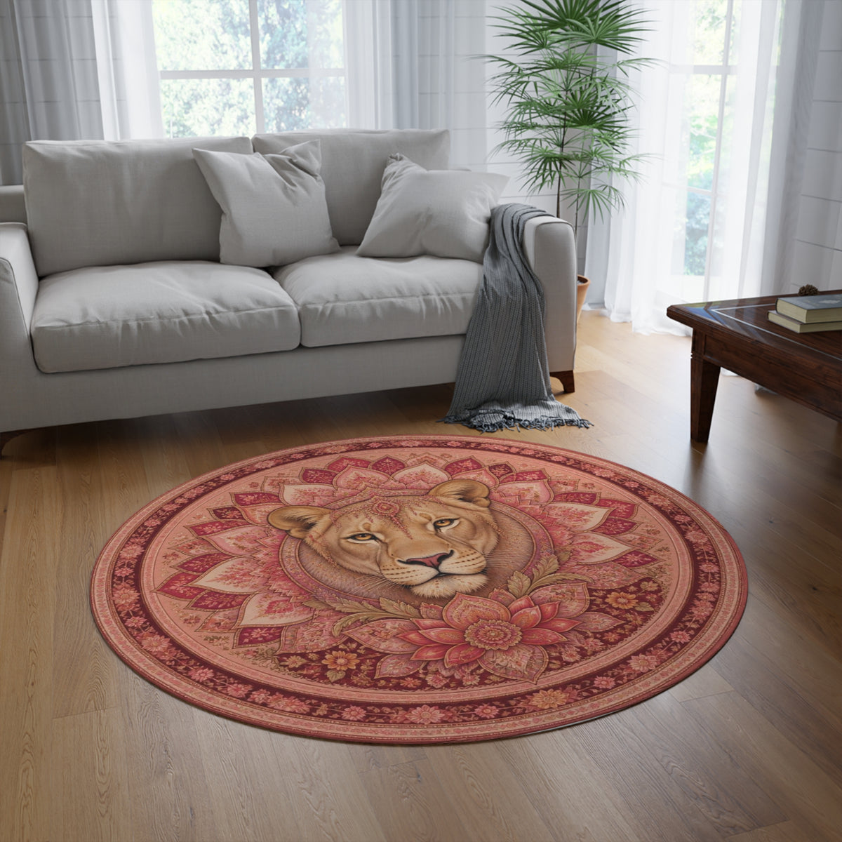 Lion Mandala Round Rug | Boho Floral Decorative Floor Mat Printify