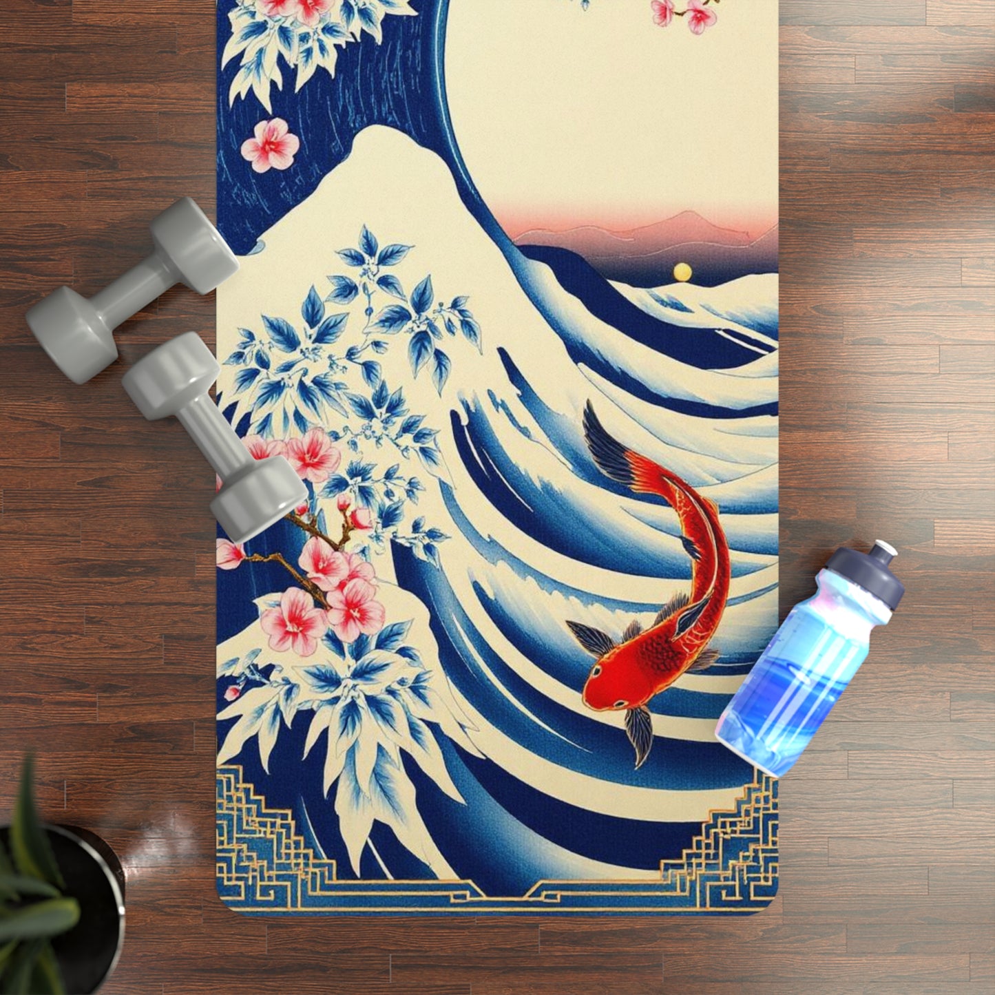 Koi Wave Print Rubber Yoga Mat | Japanese Wave, Cherry Blossoms - Best Yoga Mats for Home Workouts