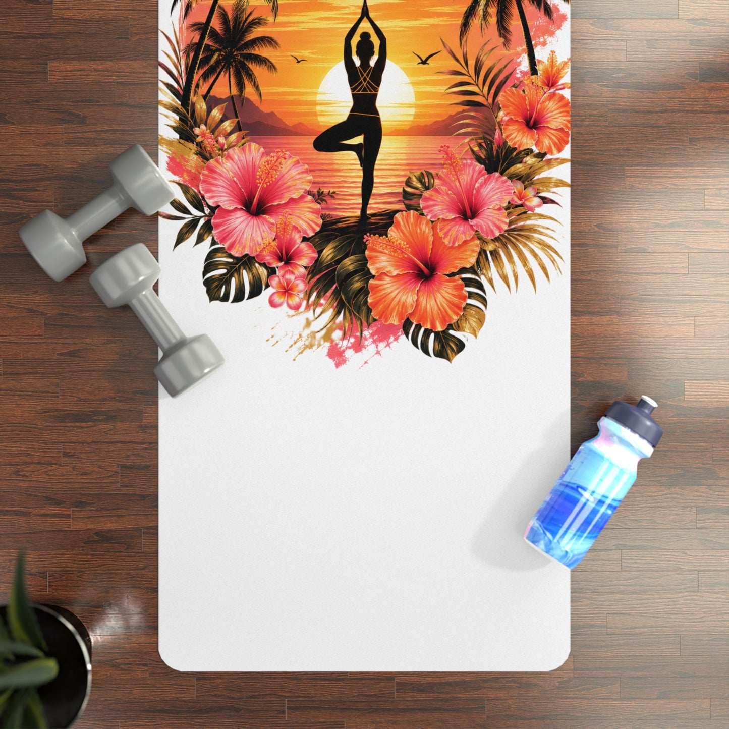 Sunset Yoga Pose Rubber Yoga Mat | Tropical Palm Hibiscus Design - Best Yoga Mats for Home Workouts