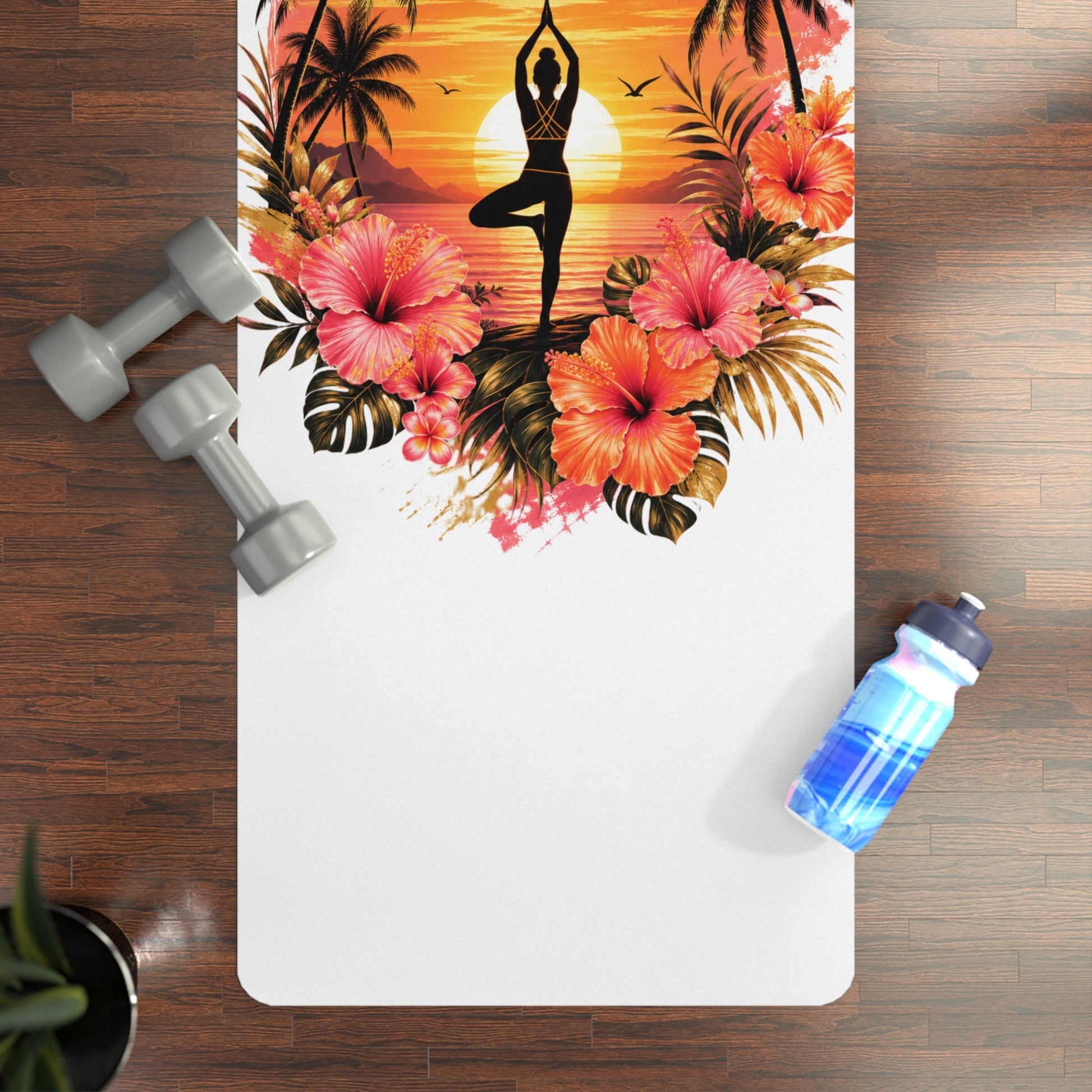 Sunset Yoga Pose Rubber Yoga Mat | Tropical Palm Hibiscus Design - Best Yoga Mats for Home Workouts