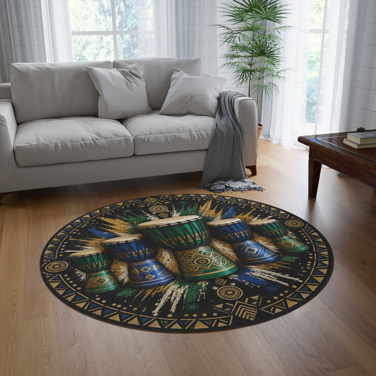 African Djembe Drum Pattern Round Rug | Tribal Percussion Boho Floor Mat Printify