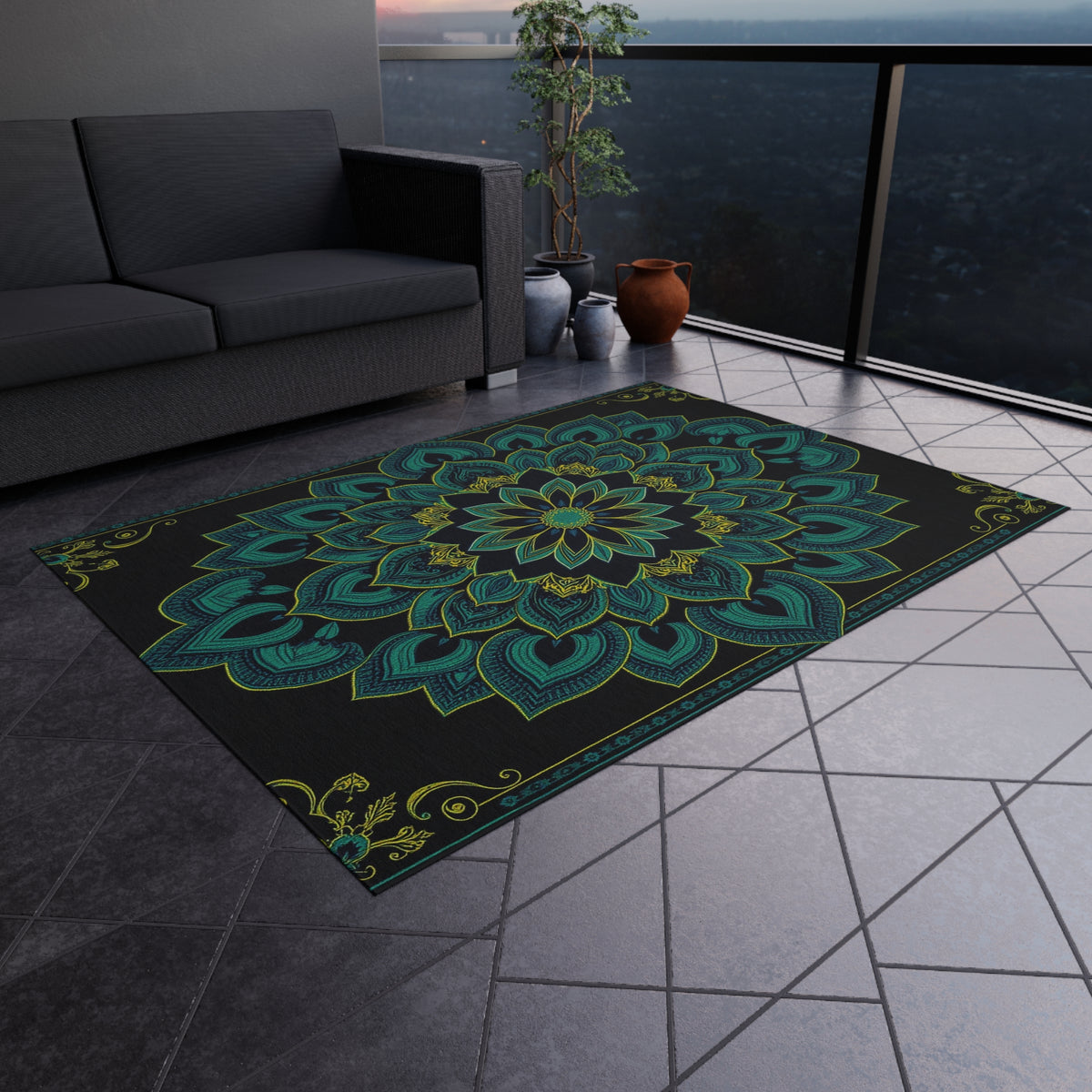 Teal Mandala Pattern Outdoor Rug | Boho Patio Mat Printify