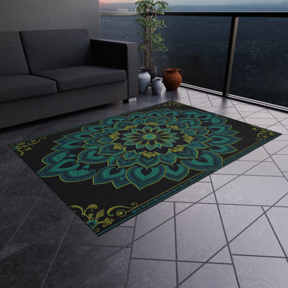 Teal Mandala Pattern Outdoor Rug | Boho Patio Mat Printify