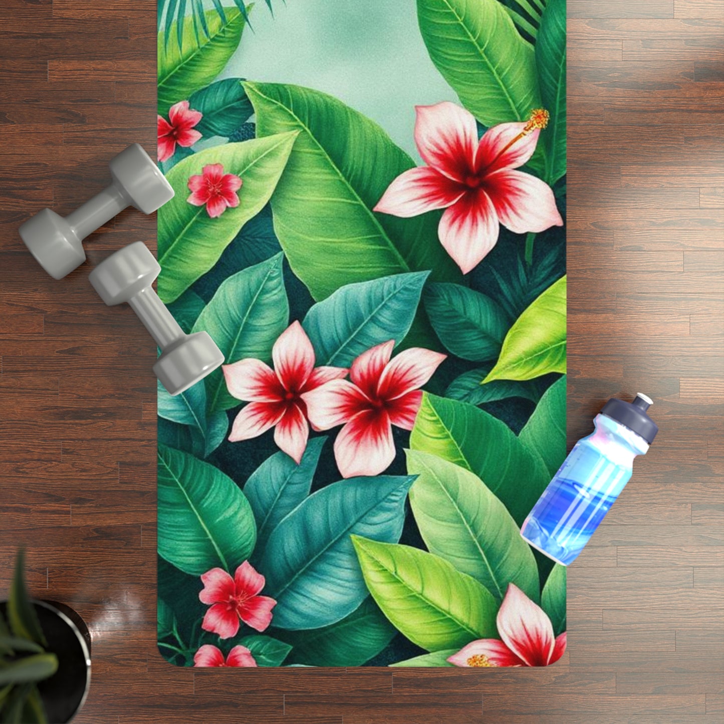 Tropical Hibiscus Leaves Rubber Yoga Mat | Floral Jungle Exercise Mat - Best Yoga Mats for Home Workouts