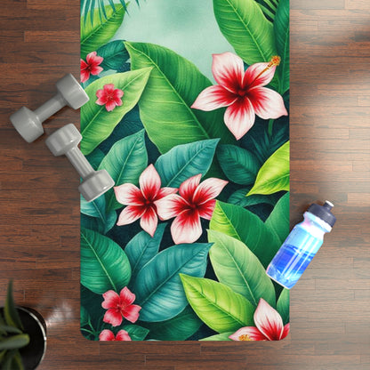Tropical Hibiscus Leaves Rubber Yoga Mat | Floral Jungle Exercise Mat - Best Yoga Mats for Home Workouts