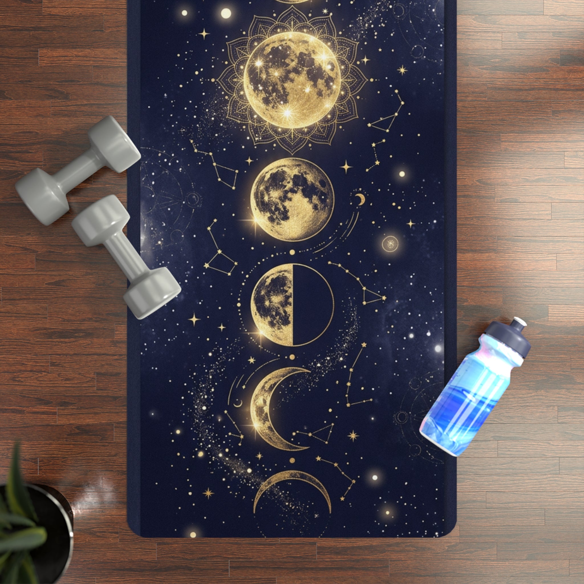 Golden Moon Phases Rubber Yoga Mat | Celestial Night Meditation Printify